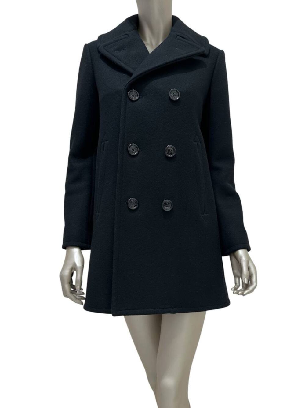 Celine Black Double-Breasted Wool Coat, Size 38